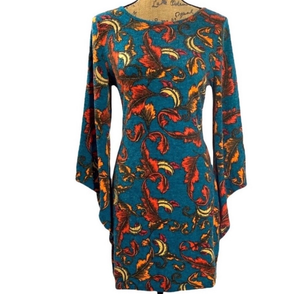 Aryeh Bell Sleeve Tunic Dress Teal & Orange autumn Leaf pattern women’s size Med